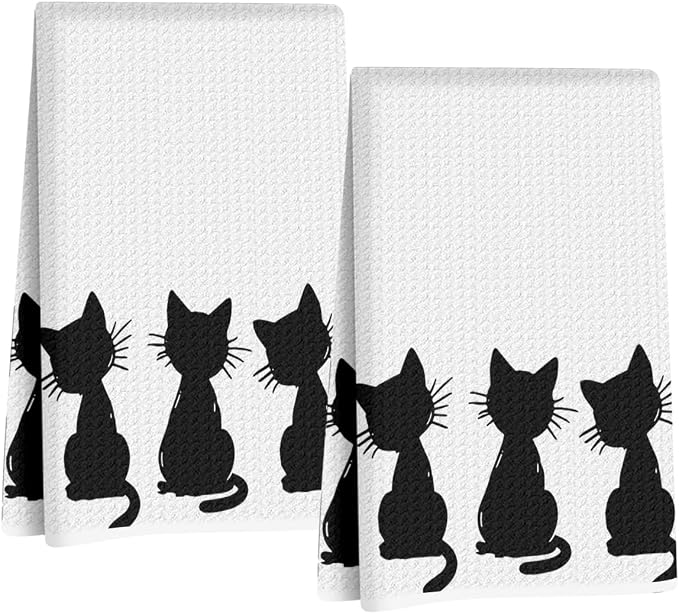 2 Pcs Cute Cat Kitchen Towels 24x14 Inch, Cat Lover Gifts for Women Mom | Cute Cat Gifts Absorbent Reuse Hand Tea Towel Dish Cloths for Drying Dishes, Cat Waffle Dish Towels for Kitchen Home Decor