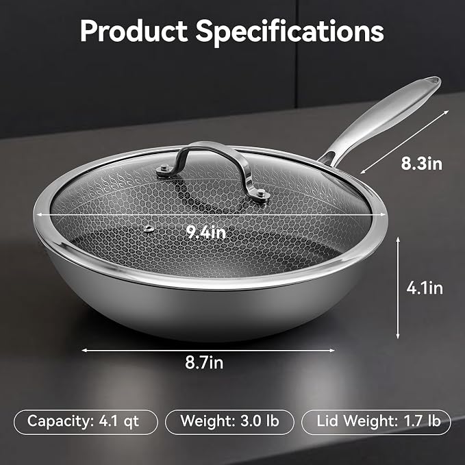 12.2 Inch Stainless Steel Honeycomb Wok Pan with Glass Lid, 3-Ply 18/10 Stainless Steel Stir Fry Pan, Flat Bottom Wok for Induction, Gas, Electric and Glass Stoves, 4.2 QT