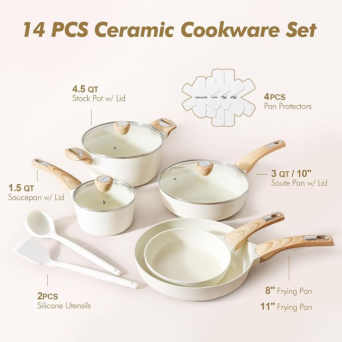SENSARTE Ceramic Cookware Sets, Pots and Pans Set Non stick, 14 Piece Induction Cookware, Non toxic Healthy Non Stick Kitchen Cooking Set, with Frying Pans Set, PFAS PTFE PFOA PFOS Free