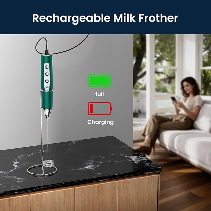 Milk Frother Wand Rechargeable Handheld Electric Whisk 3 Speed Adjustable | Coffee Frother Wand with 3 Stainless Whisks Electric Foam Maker Drink Mixer Blender for Latte Cappuccino Matcha Egg
