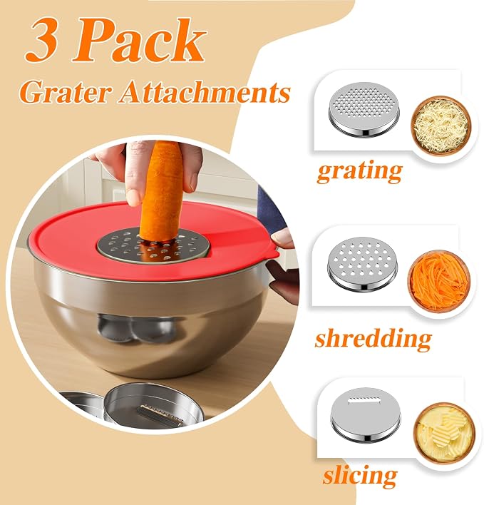 Mixing Bowls with Lids Set, 6 PCS Stainless Steel Mixing Bowls with 3 Grater Attachments, Kitchen Food Organizers Nesting Mixing Bowl, Large Size 4.5, 3.5, 2.1, 1.5, 1.1, 0.7QT-Colorful