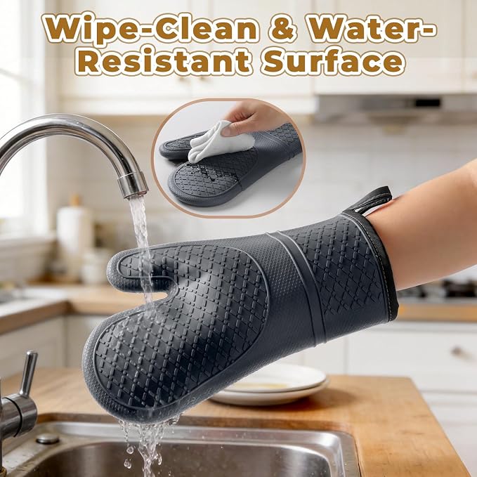 Heat Resistant Silicone Oven Mitts, Up to 500°F Protection for Baking & Grilling, 1 Pair (Grey, Standard Thickness)