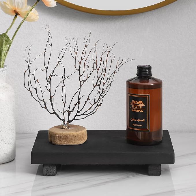 Wood Bathroom Tray Farmhouse Decor Kitchen Soap Holder, 9"x6" Black | Waterproof, Lightweight, Easy Clean, Small Wooden Riser Pedestal Stand Accessories for Office Desk, Vanity, Counter, Sink