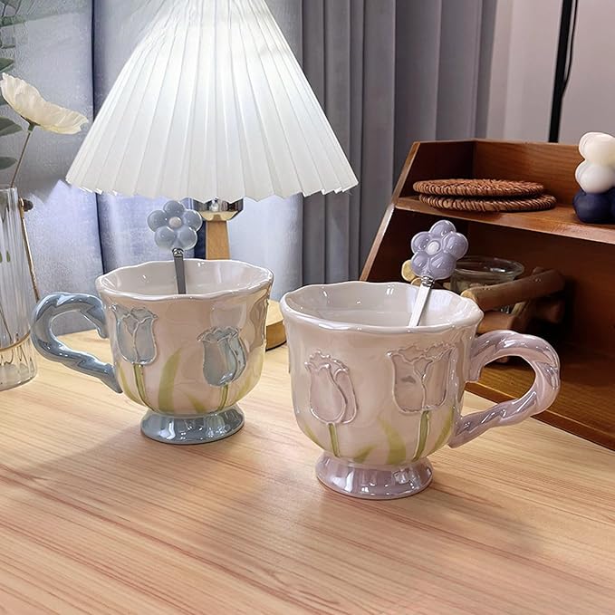 DTIUYIOP-Ceramic Coffee Mug 14oz/410ml Blue Cute Flower with Spoon | a funky coffee mug, Novelty Cute Ceramic,Lead-Free Gloss Glazed,DrinkingCup, Ideal Gift for Birthday Holiday