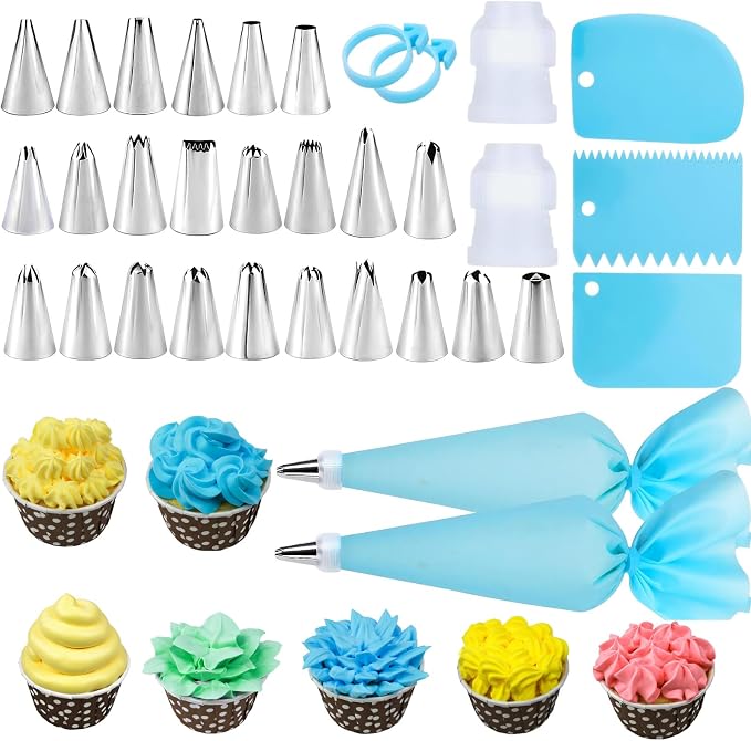 Piping Bags and Tips Set, Cake Decorating Kit | 24 Stainless Steel Piping Tips, 2 Reusable Silicone Pastry Bags - Baking Supplies for Cupcakes, Cookies, and Cake Decorating