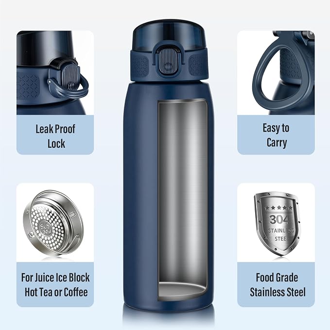 Insulated Water Bottle 18 oz with Dustproof Lid, Carry Handle & Tea Infuser, BPA-Free & Leakproof, Stainless Steel Water Bottles Ideal for Fitness, Hiking, Office & Outdoor Use （Dark Blue ）