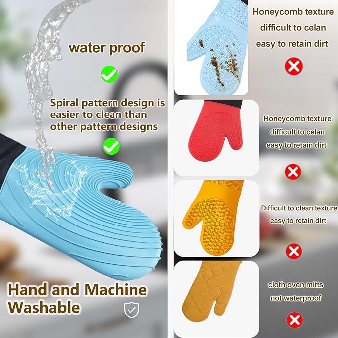 Silicone Oven Mitts-13.6 in Extended Oven Mitts Heat Resistant 500F, Oven Gloves with Soft Liner Good Grippy BPA-Free Easy to Clean Flexible-Oven Mits Set for Cooking Baking Grilling BBQ