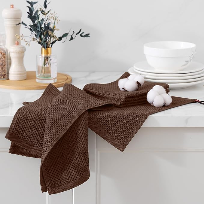 Kitinjoy 100% Cotton Waffle 6-Pack Kitchen Towels, 12" x 12", Coffee | Ultra Absorbent, Super Soft, lightweight, Quick Drying Dish Rags for Washing Dishes