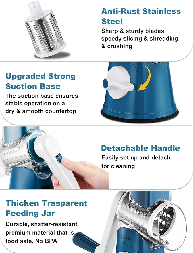 Geedel Rotary Cheese Grater Hand Crank, Cheese Shredder Vegetable Slicer | 5 Blades, 430 Stainless Steel, 12x Fast Cutting, Strong Suction Base, No BPA, Dishwasher Safe, for Cheese, Veggie, Nut