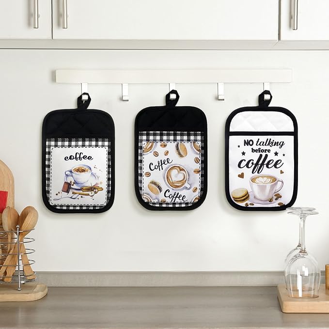Bencailor 8 Pcs Coffee Pot Holder with Pocket Farmhouse Kitchen Decoration Heat Resistant Potholders Hot Pad Oven Mitts Cookie Bag Oven Gloves for Kitchen Decorations Microwave Baking