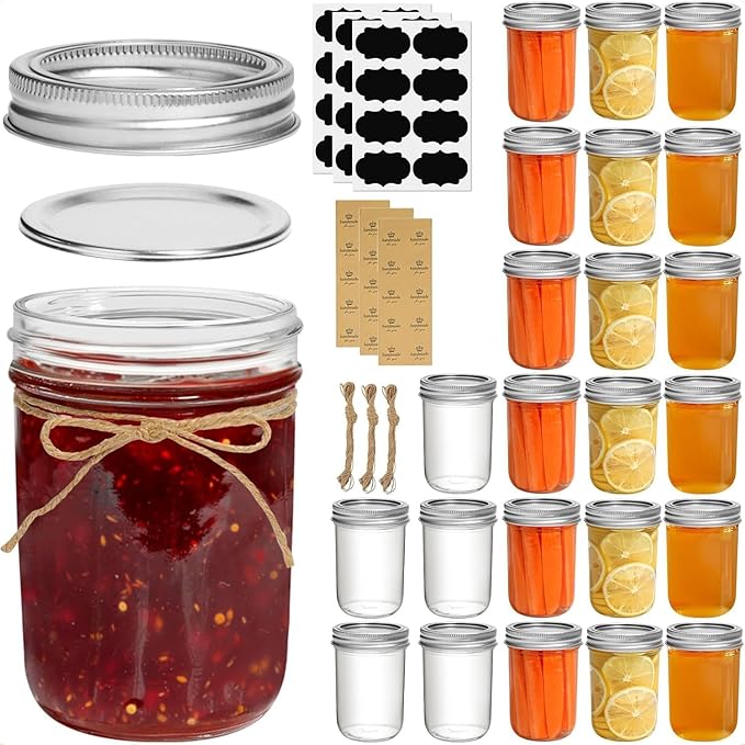 ComSaf 8 oz Mason Jars Bulk Set, 24 Pack Small Regular Mouth Jars with Lids | BPA-Free Materials, Half-Pint Portions, Small Jam, Jelly, Honey Sample, Spice Rack, DIY Candles, For Big Canning Project
