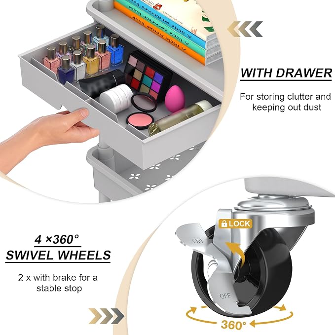Goovilla 3 Tier Rolling Utility Cart Organizer with Removable Drawer, Grey | Stable and Sturdy Rolling Storage Carts with 2 Lockable Wheels for Bathroom, Kitchen, Snack, Craft, Makeup, Baby Essentials