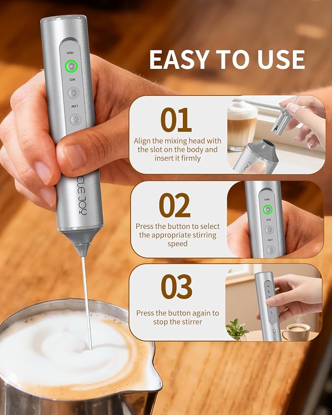 CIRCLE JOY Rechargeable Handheld Milk Frother Wand with 3 Variable Speeds, 3 Whisks and Storage Box, Electric Drink Mixer for Latte, Cappuccino, Hot Chocolate, Eggs and Protein Powder, Silver