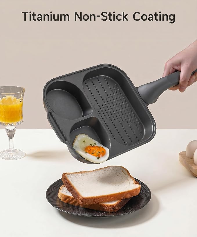 JEETEE Divided Egg Pan&Frying Pan, 3-in-1 Nonstick Omelete Pan, Breakfast Skillet for Eggs, Bacon & Pancakes, Titanium-Enhanced Nonstick Coating, PFOA/PFOS/PTFE Free, Induction Compatible Cookware