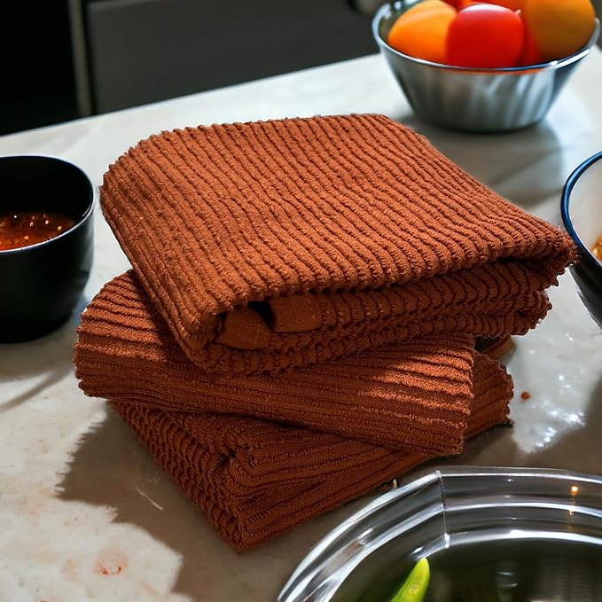 Cinnamon Maroon Rust Kitchen Dish Towels, Set of 3, 100% Cotton, 18" x 28" | Terry Loop Ribbed Textured, Soft & Absorbent Cleaning Cloth, Quick Dry, Multipurpose for Everyday Use