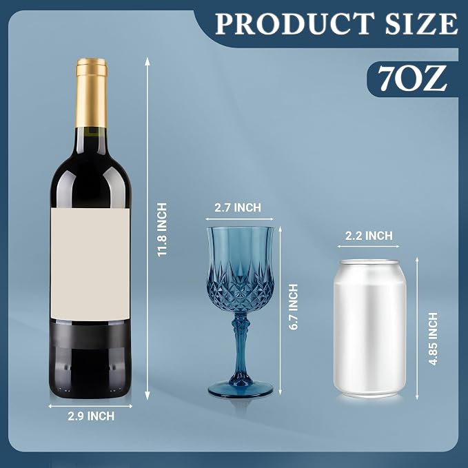 24Pack Plastic Wine Glasses, 7oz Vintage Goblets for Wedding | Unbreakable Crystal Style Reusable Stemware, Elegant Navy Blue Drinking Glass for Party Anniversary & Holiday Celebration