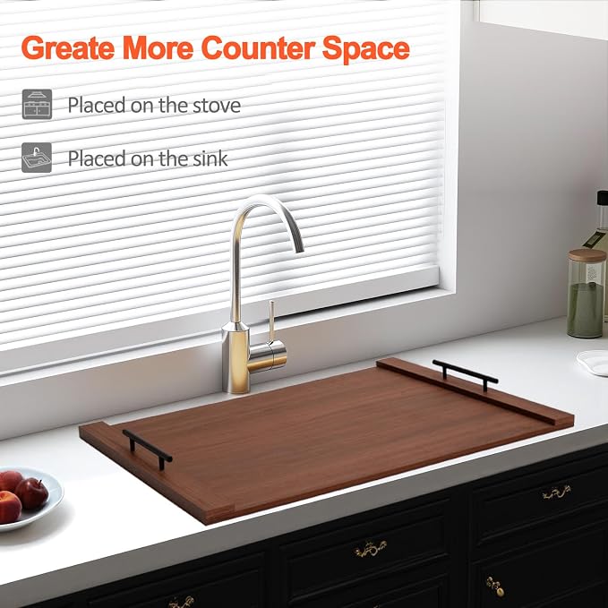Walnut Noodle Board Stove Cover 30x22 Inch with Handles, Wood Stove Top Cover for Electric and Gas Stovetop, Wooden Kitchen Sink Cover, Decorative Serving Tray