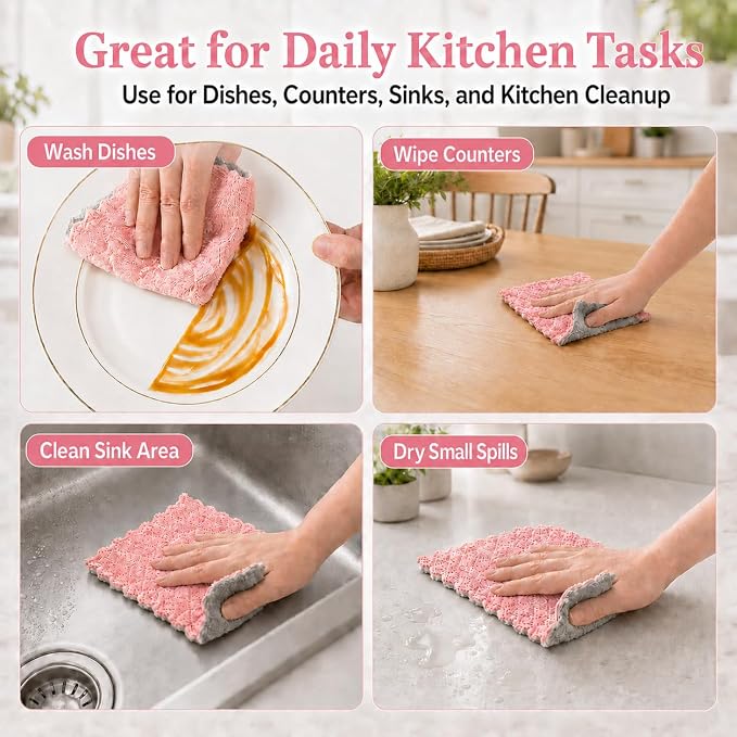 kimteny 12 Pack Dish Cloths for Washing Dishes | Super Absorbent Microfiber Kitchen Dish Rags, Fast Drying Coral Velvet Dish Cloths for Kitchen Counter and Dishes, Pink-Grey