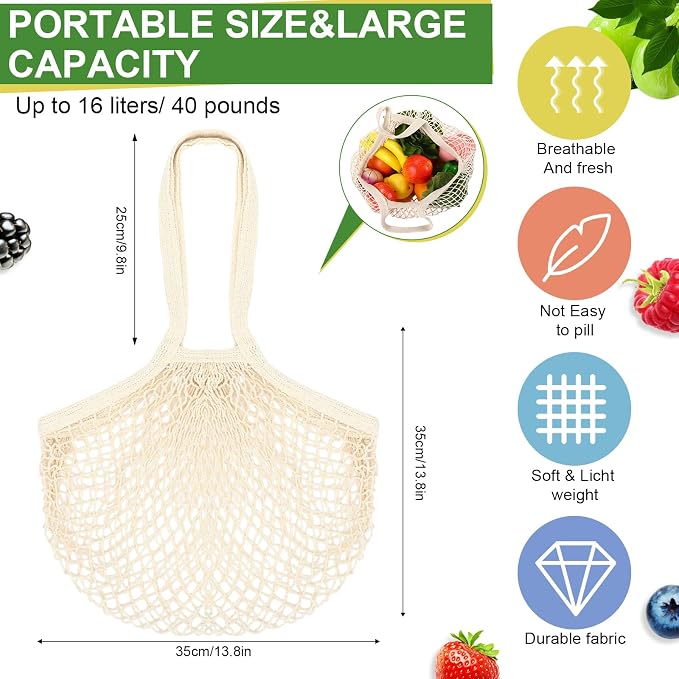 Paterr 4 Pack Cotton Mesh Produce Bags Bulk,Long Handle,Beige | Reusable Mesh Grocery Bags Bulk, Washable Net Market Tote String Shopping Bags, for Vegetable Fruit Beach Picnic Food Storage