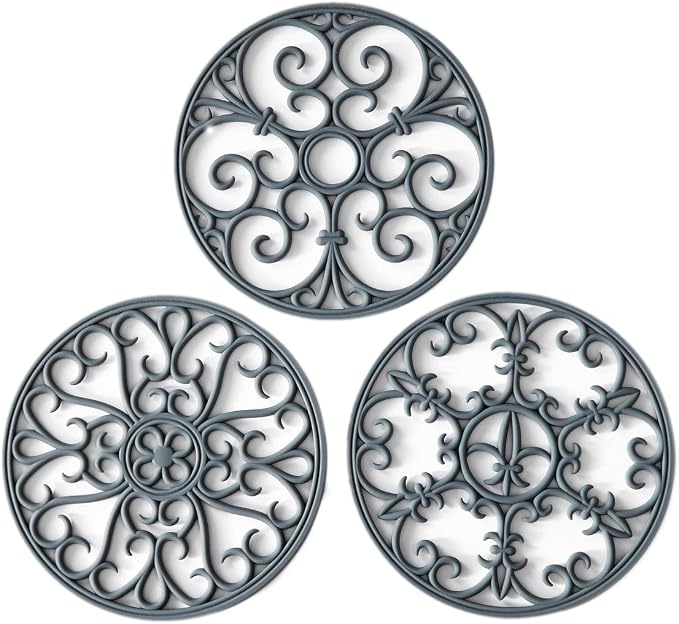 Silicone Trivet Mat - Hot Pot Holder Hot Pads for Table & Countertop - Teapot Trivet Kitchen Trivets - Non-Slip & Heat Resistant Modern Kitchen Hot Pads for Pots & Hot Dish Grey Trivet Set of 3