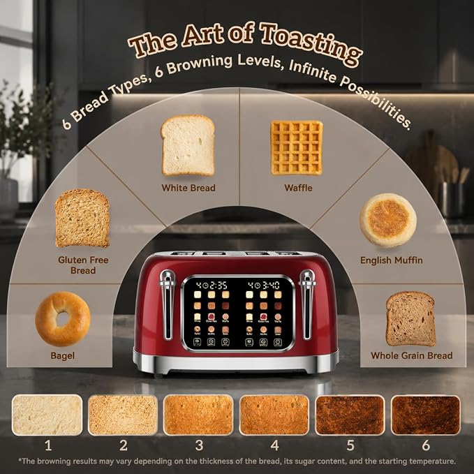 RONGBEST Retro 4 Slice Stainless Steel Toaster with Wide Slot Touch Screen for Family Breakfast, Reheat & Defrost, 6 Browning Levels for Bagel & Bread, Easy Removable Crumb Tray, Red Pearl