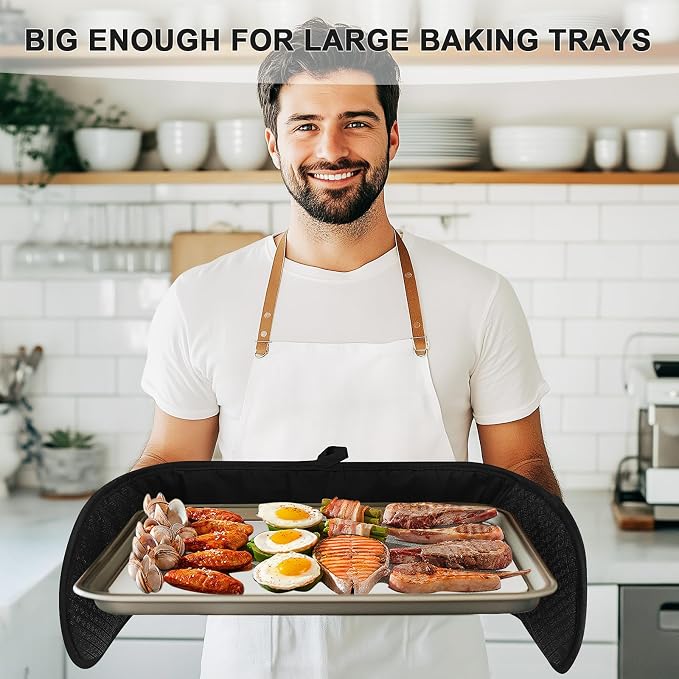 Philorn Black Double Oven Mitts, Heat Resistant 260℃ Silicone Glove | Waterproof Kitchen Gloves Oven Extra Long Oven Mitts with Non-Slip Silicone Surface for Baking, Cooking, BBQ