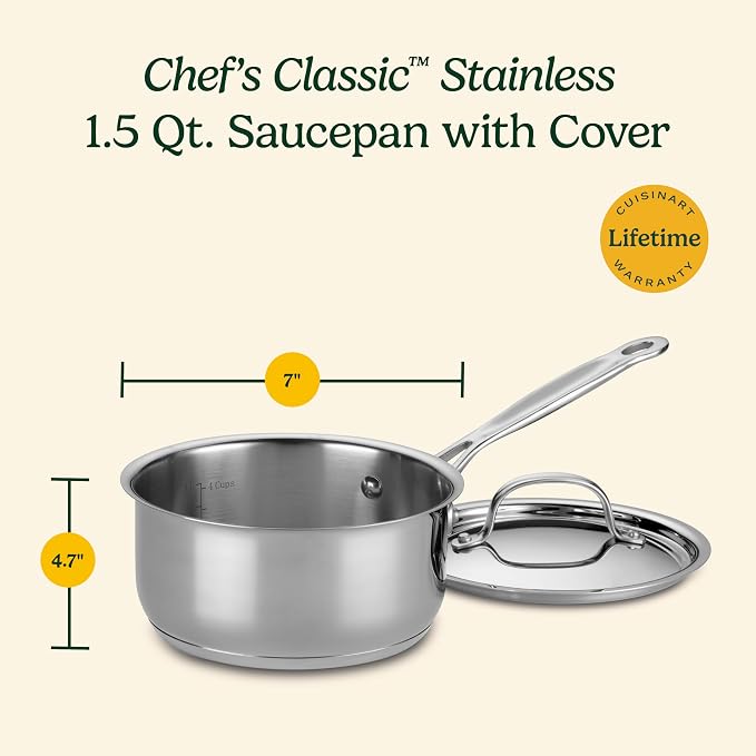 Cuisinart 1.5 Quart Sauce Pan with Cover, Stainless Steel Pot with Lid, Small Kitchen Pots, Dishwasher Safe, Compatible with Induction, Electric, Gas Cooktops, Oven Safe Saucepan, Cool Grip Handles | Stainless steel saucepan with aluminum encapsulated ...