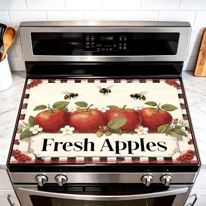 Fresh Apples Stove Top Cover, Buffalo Plaid Farmhouse, 28x20 in | Vintage Fresh Apples sign with bees on buffalo plaid border; non-slip mat; protects glass and electric cooktops; 28x20 in