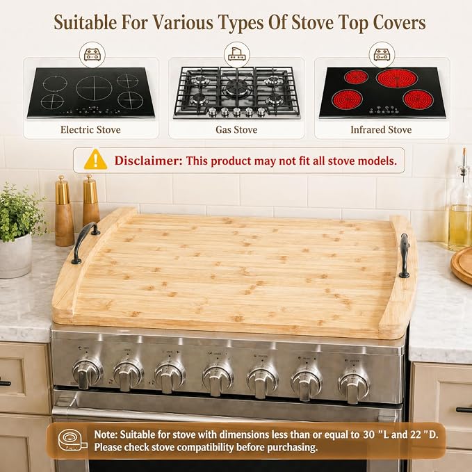 DHARANA Gas Electric Stove Top Cover Wooden Board Burner Glass RV Stovetop | Bamboo Noodle Boards 29*22*1.26