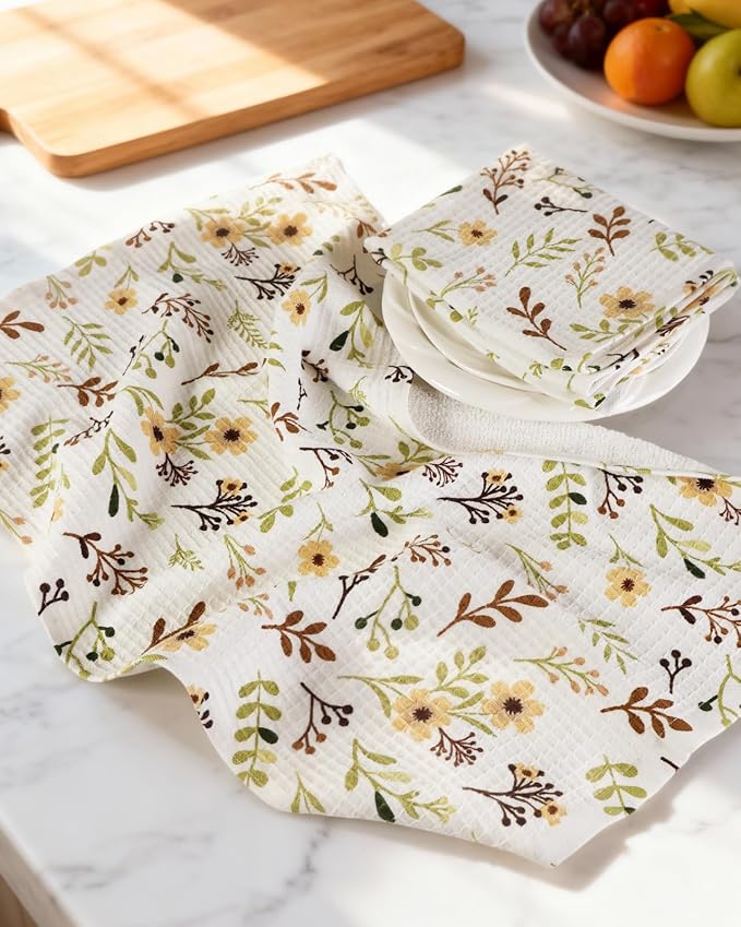 370GSM Cotton Waffle Kitchen Towels, Flower | Pure Cotton, Sustainable, Waffle Weave, Terry Cloth, Highly Absorbent, Decorative, 16"x25", with Hanging Loop