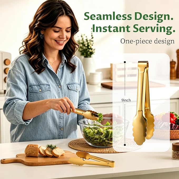 6-Pack Kitchen Tongs, 9-Inch Gold Metal Tongs | Stainless Steel Serving Tongs with One-Piece Scalloped Grip for Salads, Cooking, Buffets, Charcuterie and Parties