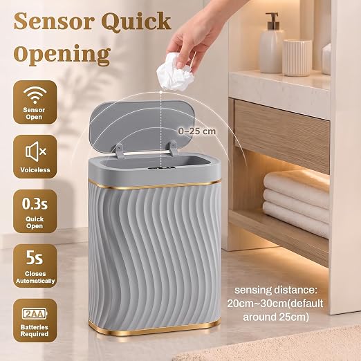 2.6 Gallon Automatic Bathroom Trash Can with Touchless Lid, Grey Gold | Motion Sensor Trash Can with Slim Waterproof Body; Small Plastic Garbage Can, hands-free lid for Bedroom, office, and kitchen