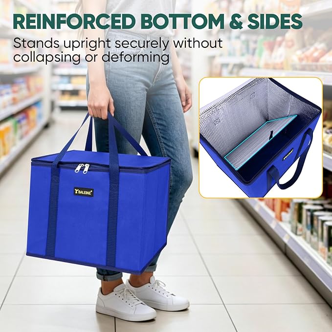 BALEINE 1PK Insulated Reusable Grocery Bag, Heavy Duty Shopping Tote | Foam & Foil Insulation, 9" Long Handles, Reinforced Bottom Keeps Upright, Fold Flat Storage, Water-Resistant Shopping Bag