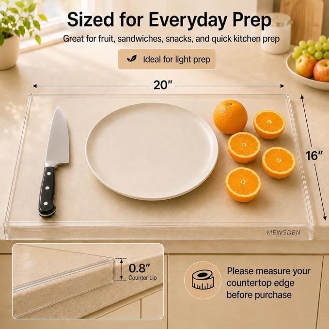 Acrylic Cutting Board with Counter Lip, Clear Cutting Boards for Countertop Protector, Non-Slip Dough Mat for Kitchen Counter, Aesthetic Kitchen Decor Gadgets House Warming Gifts New Home(20"x16")
