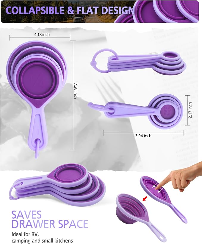 Measuring Cup and Spoon Set, Collapsible Measuring Cup, 8 Piece Measuring Tools, Engraved Metric/US Markings, for Liquid and Dry Measurements, Space Saving, BPA Free Silicone, Colorful