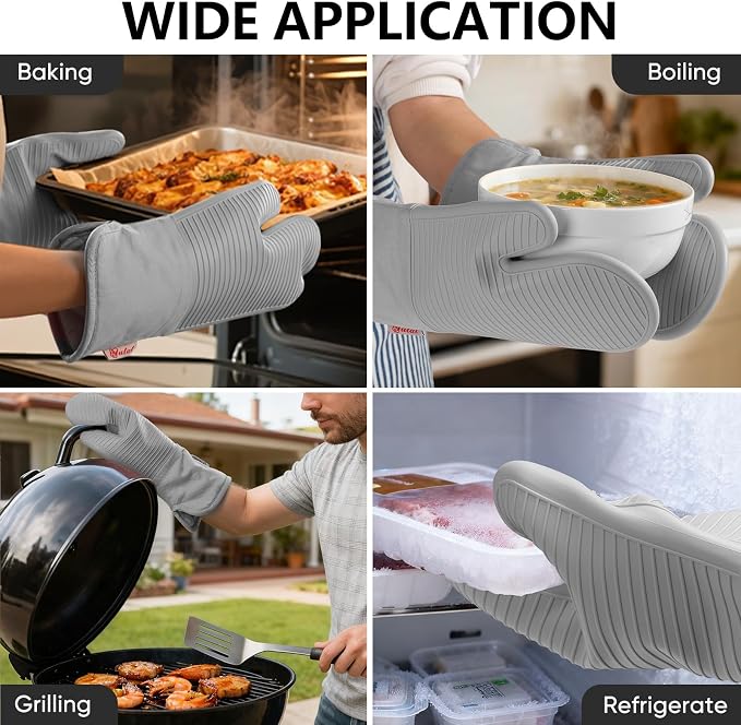 YUTAT Silicone Oven Mitts,High Heat Resistant Up to 500 Degrees,Waterproof Cooking Gloves with Soft Polyester Filling,Kitchen Potholder Set - Perfect for BBQ,Baking and Cooking,Grey,2 Pcs Set