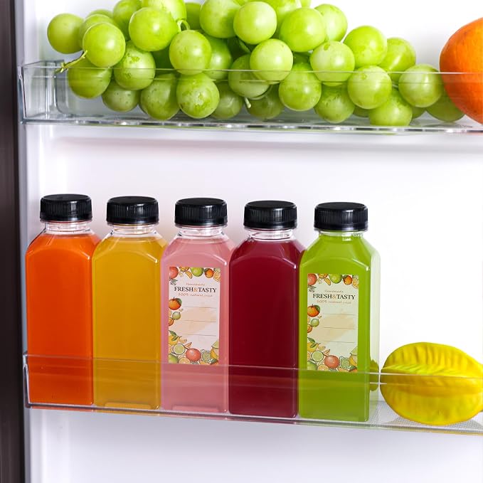 6pcs 12oz Plastic Juice Bottles with Caps, Sticker Labels, Brush | Empty Reusable Clear Bottles with Label, Funnel and Brush Beverage Containers Bulk with Lids for Juicing, Smoothies, Fridge