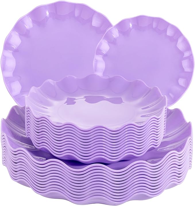 LIYH 24pcs Purple Plastic Plates Reusable, Unbreakable Dinner Plates, Scalloped Plate, Microwave & Dishwasher Safe Unbreakable Party Plate for Birthday Party (12Guests)