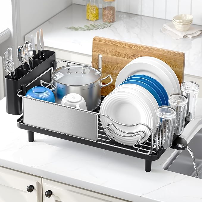 Urackify Stainless Steel Dish Drying Rack for Kitchen Counter, Black | Rustproof Dish Rack with Utensil Holder, 16.9" L x 12.4" W Large Capacity, Auto Drain Dish Drainer for Plate Dish Sliverware