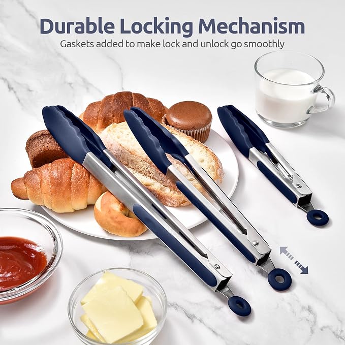 U-Taste Kitchen Tongs for Cooking, 600ºF Heat-Resistant, 3Pcs/Midnight Blue | Silicone Tong Set 7/9/12in, Salad/Grill/BBQ Plastic Tongs for Food Serving, Rubber Thong with 18/8 Stainless Steel Handle