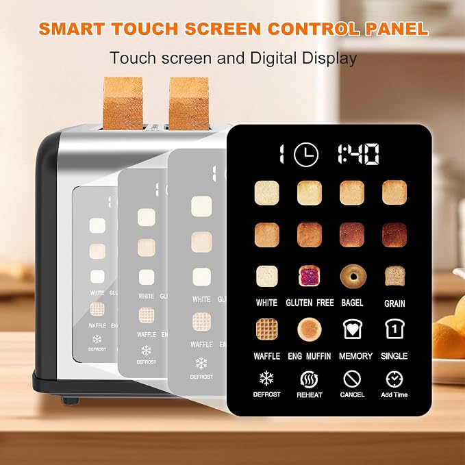 2 Slice Toaster Touch Screen, Stainless Steel Toasters Digital Timer 2 Slot Toasters, 8 Shade Settings 6 Bread Types for Bagel, Cancel, Defrost (Red)