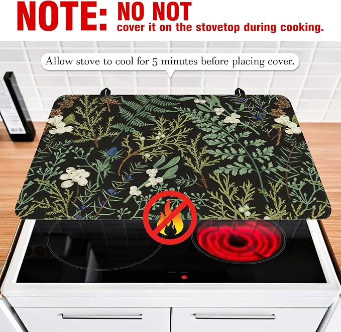 Boho Stove Top Cover for Electric Stoves,Botanical Fern Plant Floral Black Farmhouse Stove Top Cover for Kitchen Decor,Heat Resistant Cooktop Protector Mat,Non-Slip Washable Dish Drying Mat 28"x20"