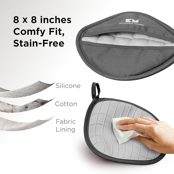 Kitchen Mama Silicone Pot Holders, Metal Gray | Heat Resistant, Non-Slip Surface, Dual Pocket Design, Soft Cotton Lining
