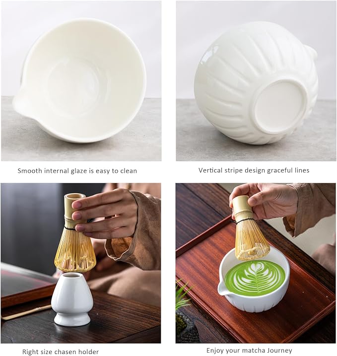 TANG PIN Matcha Set - Match Bowl and Whisk, 15 OZ Matcha Whisk Set | Matcha Scoop | Matcha Whisk Stand (Chasen Holder) - 5pc Perfect Matcha Kit for Matcha Tea Ceremony (White)