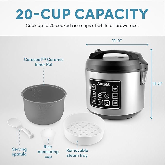 Aroma Housewares 20 Cup Cooked (10 cup uncooked) Digital Rice Cooker, Slow Cooker, Food Steamer, SS Exterior (ARC-150SB),Black