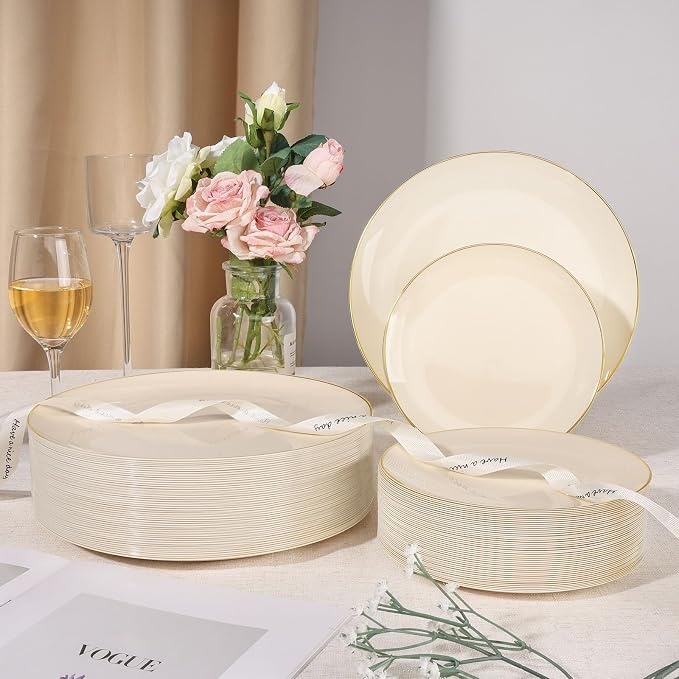 350 PCS lvory Plastic Dinnerware Set, lvory and Gold Rim Disposable Plates for 50 Guests, Include 100 lvory Plates with 150 Plastic Cutlery, 50 Napkins and 50 Cups