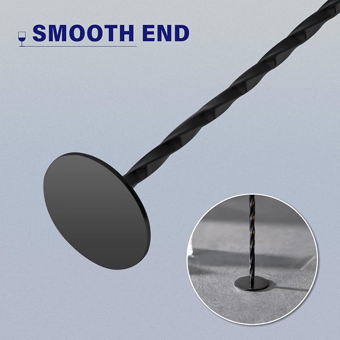 Bar Spoon Cocktail Mixing Stirrers, 2Pcs, 12” with Round Base, Black | 18/8 Stainless Steel, Long Handle, Flat Base for Tabletop Standing, Stirrer & Muddler for Coffee & Drinks
