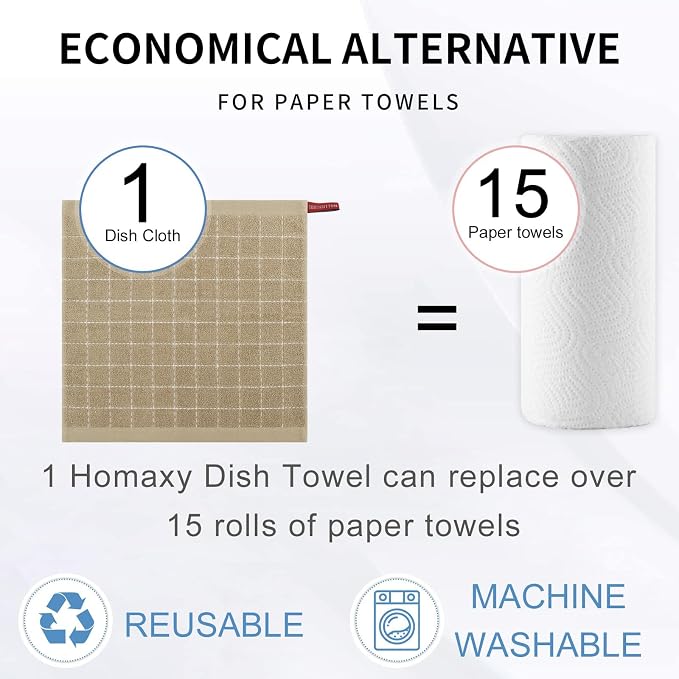 Homaxy 100% Cotton Terry Kitchen Dish Cloths, 8 Pack, Tan | Ultra Soft and Absorbent, Suitable for Drying and Washing Dishes