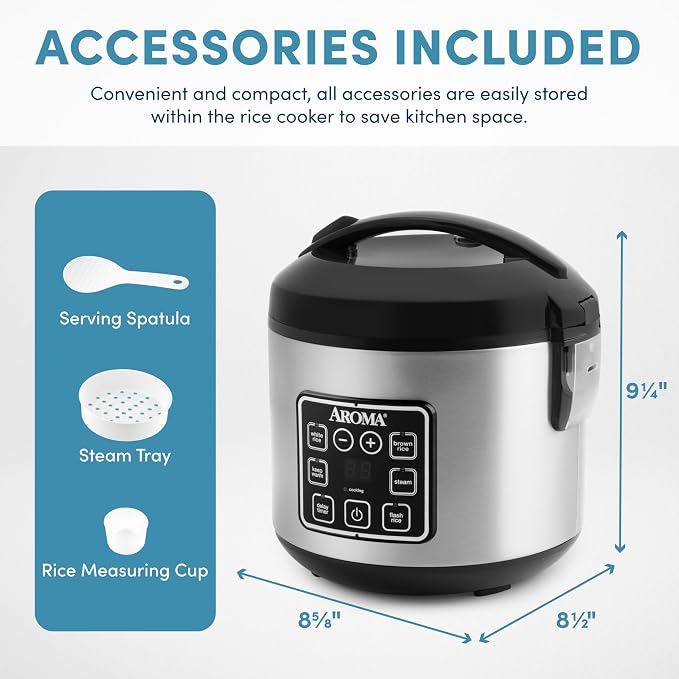 AROMA Digital Rice Cooker, 4-Cup (Uncooked) / 8-Cup (Cooked), Steamer, Grain Cooker, Multicooker, 2 Qt, Stainless Steel Exterior, ARC-914SBD