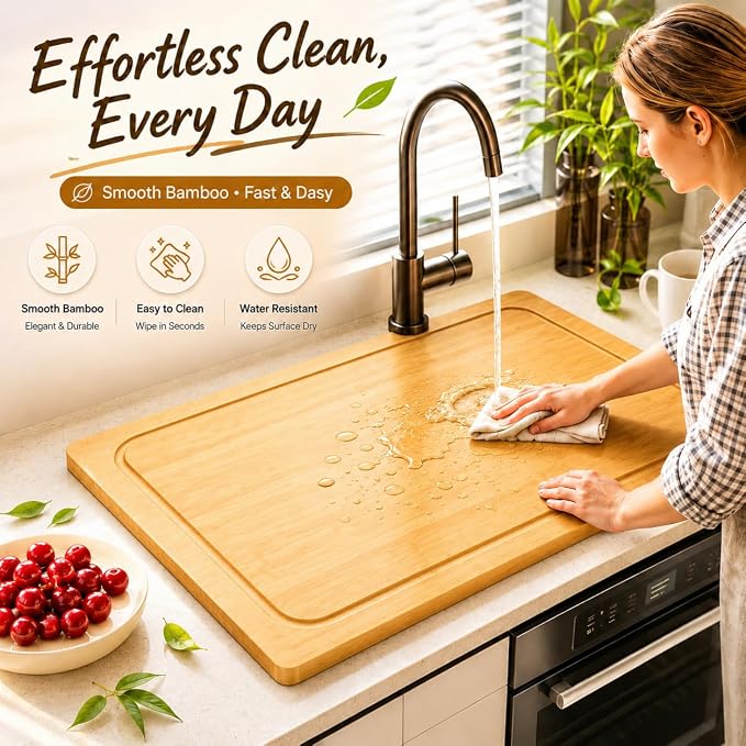 Bamboo Stovetop Cover for Electric Stove & Gas Range, 27.56 x 19.69 In, Lightweight Stove Top Cover with Built-In Handles, Juice Groove & Smooth Flat Surface for Extra Counter Space